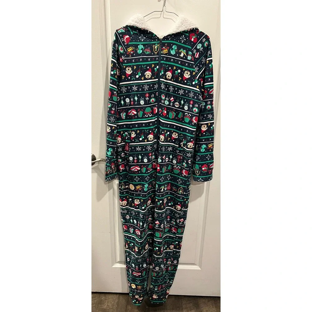 Disney Adult One Piece Pajamas Mickey Mouse Holiday Fair Isle Navy Blue Size S